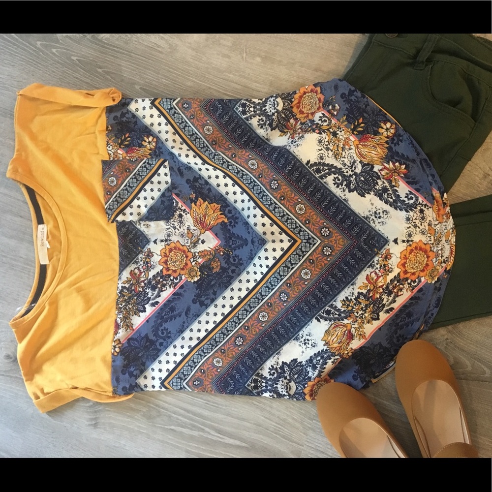 Mustard yellow and multi blouse size S NWT